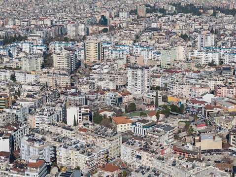 Aerial view of buildings in Antalya City. Taken via drone. Antalya, Turkey.