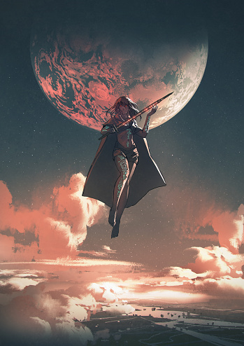 female superhero holding a magic sword floats in the sky, digital art style, illustration painting