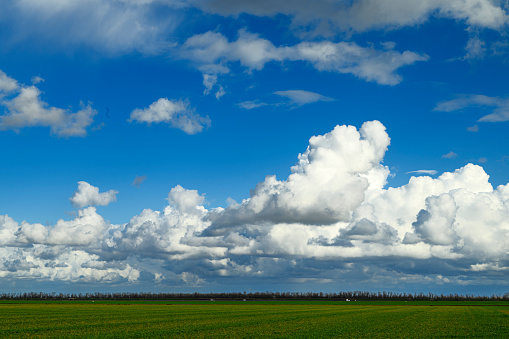 Wide view of storm clouds over the Sacramento Valley farmland.  In the background are the Sacramento River levees.\n\nTaken in Sacramento, California, USA