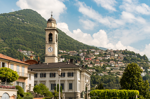 View of the Bell Tower of San Vincenzo Sanctuary in Cernobbio, province of Como, Lombardy, Italy