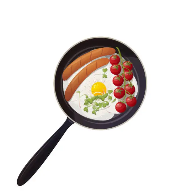 Vector illustration of Breakfast fried eggs, tomato and sausage on pan. breakfast always fresh. Use for card, poster, banner, web design and print on t-shirt. Easy to edit. Vector illustration.