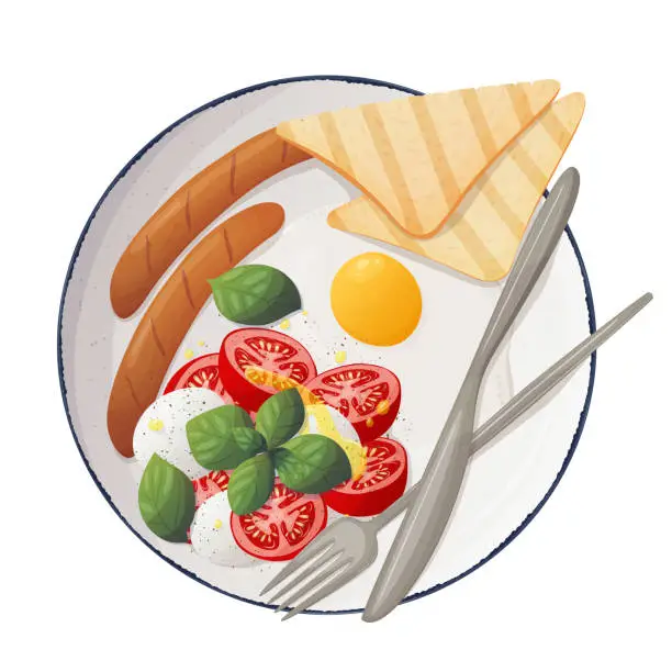 Vector illustration of Breakfast first concept, Top view of working desk with plate of breakfast (fried egg with sausage), Vector illustration
