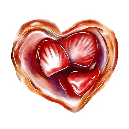 Watercolor illustration of a strawberry bun in the shape of a heart on a white background. Festive poster for Valentine's Day