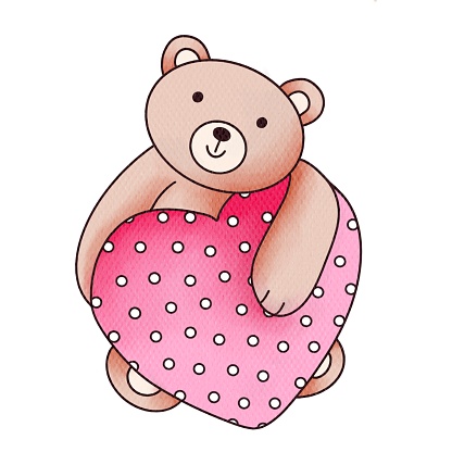 Watercolor illustration with a cute teddy bear and a charming pink heart. Festive poster for Valentine's Day