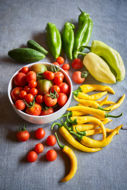 Tomatoes, chilli peppers, cucumbers and peppers stock photo