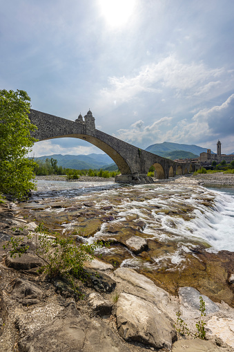 Gobbo Bridge also Devil Bridge or Ponte del Diavolo or Ponte Gobbo in Bobbio, Piacenza province, Trebbia Valley, Emilia Romagna, Italy