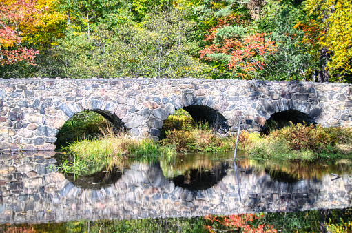 small stone bridge in the forest reflect, autumn picture