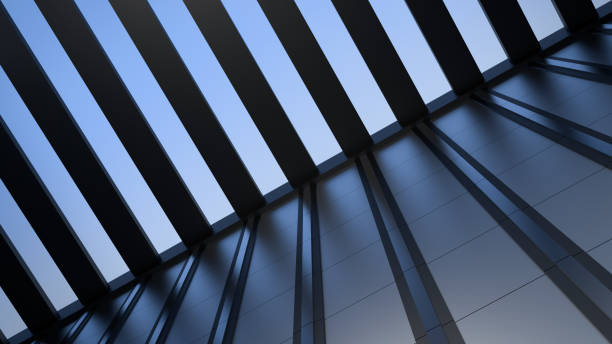 istock Building wall with sky view and open roof, modern architecture with metal elements, building with transparent ceiling. Modern house, office, banner.3D render 2023373179