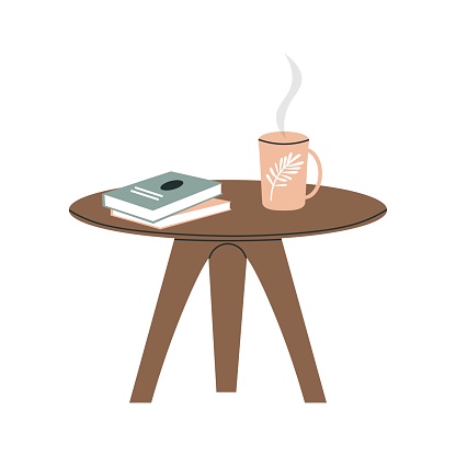 Scandinavian style coffee table. Book and steaming drink on coffee table. Interior design element on white isolated background. Flat vector illustration.