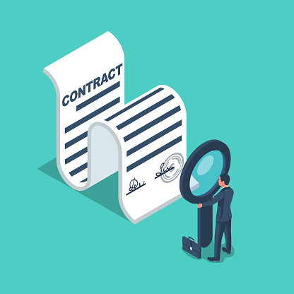 Contract analysis. A businessman holds a magnifying glass check contract. Studying terms of agreement. Signing business documents. Successful deal. Vector illustration isometric design.