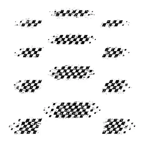 Vector illustration of Checkered black grunge flag waves set