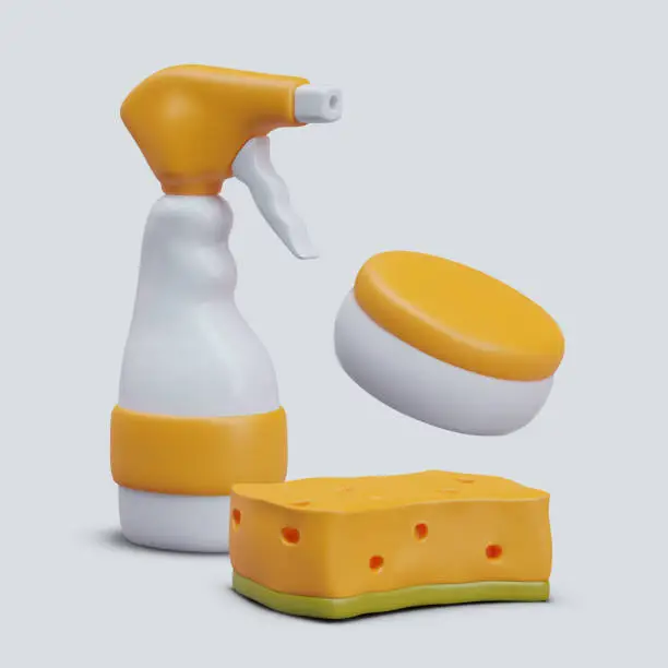 Vector illustration of Spray detergent, cleaning sponge in yellow colors. Kitchen dishwashing kit