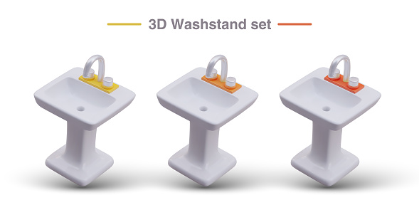 Realistic wash basin, top view. Washstand set. Sinks with faucets of different colors. Isolated images for plumbing equipment website, shop. Installation, connection, repair of sanitary ware