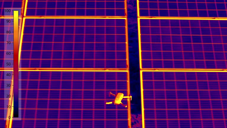 AERIAL Transition in Thermal Vision Camera Drone Flying Above Solar Panels Surveying at Solar Power Station