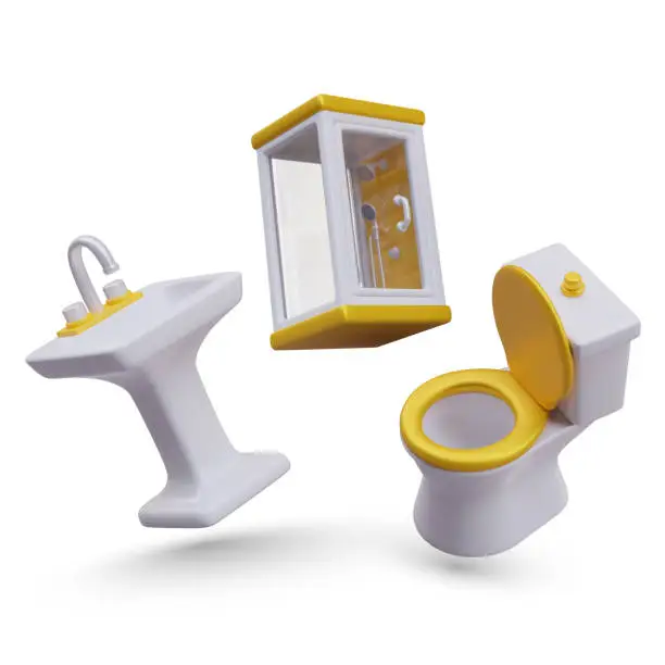 Vector illustration of Realistic model of wash basin, ceramic toilet bowl and shower cabin in realistic style