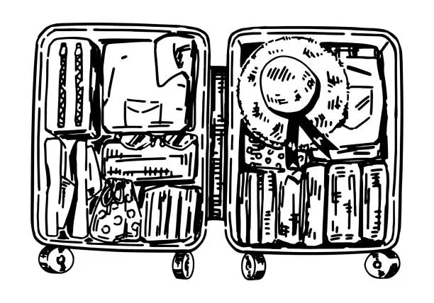 Vector illustration of Sketch of opened suitcase full of things. Clipart of travel baggage, luggage, trip attribute. Hand drawn vector illustration isolated on white.