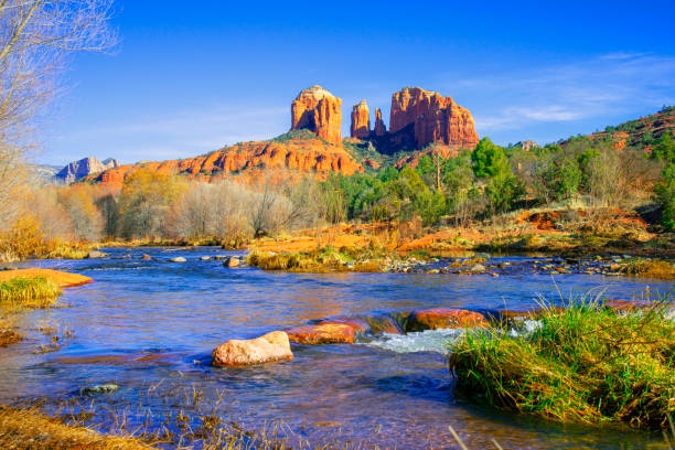 Sunlit Cathedral Rock in Sedona, Arizona showcasing rugged desert beauty and adventure through red sandstone cliffs and cacti-studded landscape.