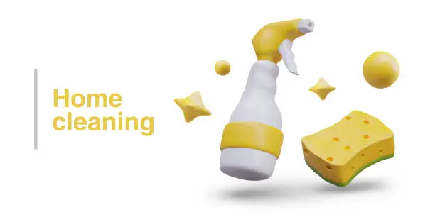 Vector illustration of Concept of home cleaning. Plastic bottle spray gun, porous sponge, soap bubbles, stars