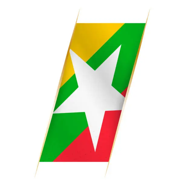 Vector illustration of Myanmar flag in the form of a banner with waving effect and shadow.