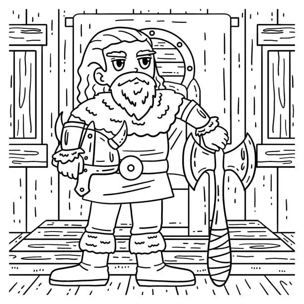 Vector illustration of Viking Holding an Axe and Helmet Coloring Page