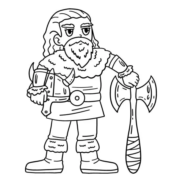 Vector illustration of Viking Holding an Axe and Helmet Isolated Coloring