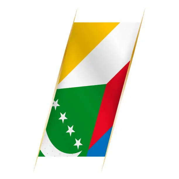 Vector illustration of Comoros flag in the form of a banner with waving effect and shadow.