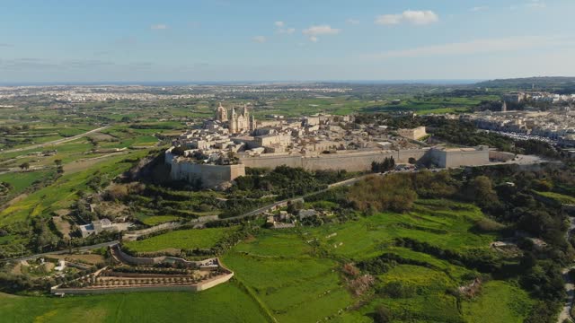 Mdina city  - old capital of Malta, aerial drone view, countryside