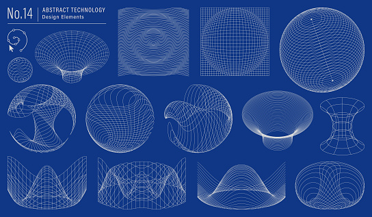 Collection of abstract technology design elements. Wire mesh geometric line art with editable stroke.