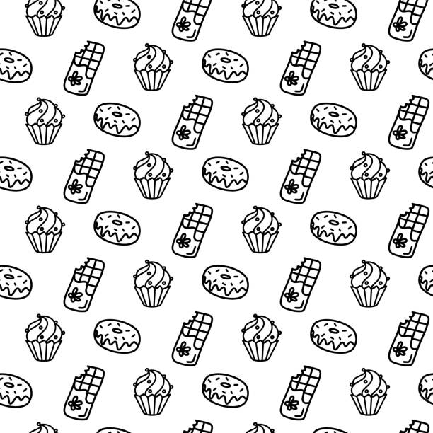 vector hand drawn seamless pattern with different sweet icons isolated on white background. doodle donut, cake, cupcake, chocolate wrap in line art style for a cafe decor. adult and kids coloring page - seamless croissant pattern ice stock illustrations