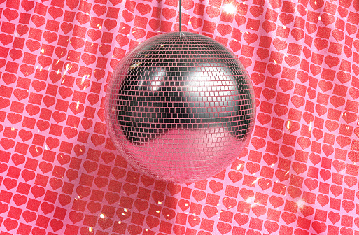 Abstract 3D shiny disco ball retro pattern  background. Valentine's festive event computer graphics 4K background