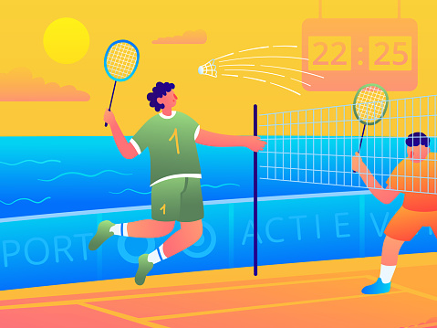 Immerse yourself in the dynamic energy of beach badminton with this captivating vector illustration. Watch as a player leaps into action, mid-air, to skillfully strike the shuttlecock, amidst the scenic beauty of palm-fringed shores and shimmering waters.