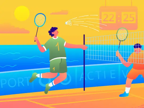 Vector illustration of Badminton on the Beach, Jumping Player hits Shuttlecock