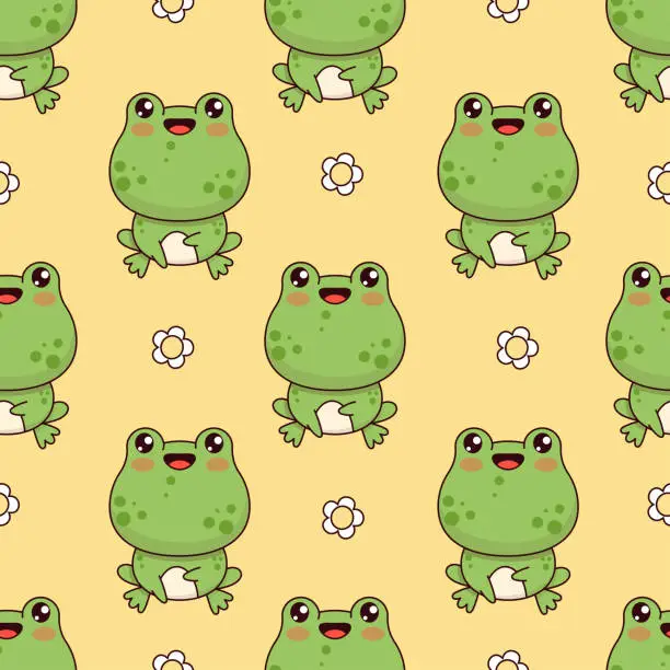 Vector illustration of Seamless pattern with frogs on yellow background with daisy flowers. Cute kawaii animal character. Vector illustration. Kids collection.
