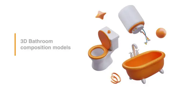 Vector illustration of Color bathroom composition models. Orange bathtub, toilet, water heater, spring, bubble, star