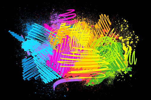 Rainbow Holi paint splatters and marker pen scribbles on black vector background