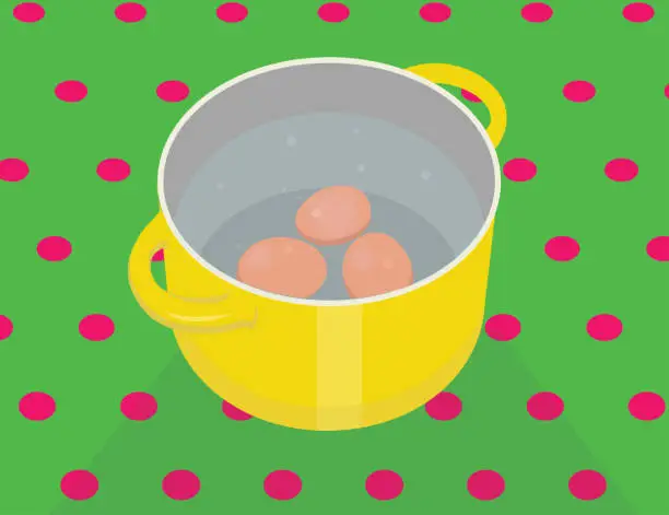 Vector illustration of Boiling eggs in a yellow saucepan full of clear