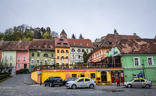 Sigoshoara, Romania - 31 November 2019: Historical centre of colorful romanian Sighisoara