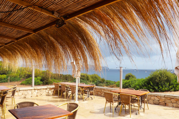istock tables and an umbrella from a straw 2023686554