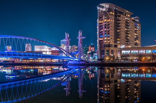 View of an illuminated footbridge in Salford quays during night in Manchester, England