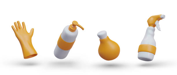 istock 3D rubber orange glove, pump bottle, soap jar, spray gun 2023709050