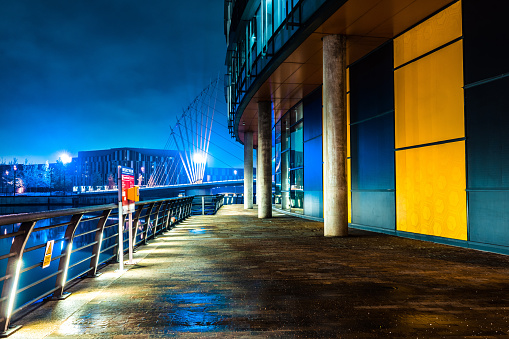 Pedestrian Bridge across the Manchester Canal at Salford Quays at Night