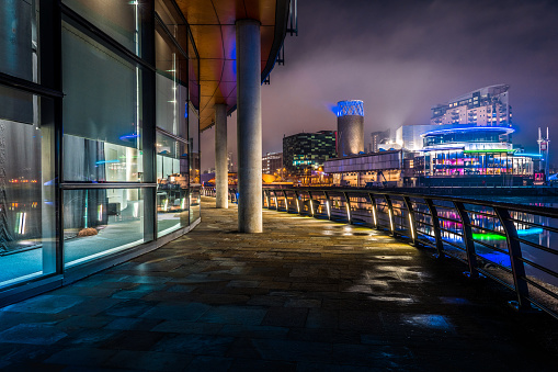 Pedestrian Bridge across the Manchester Canal at Salford Quays at Night
