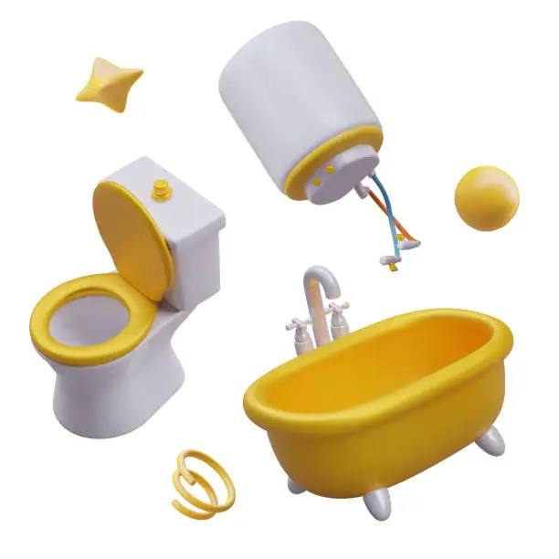 Vector illustration of Set of 3D colored elements for bathroom. Toilet, bathtub, water heater, decorative objects