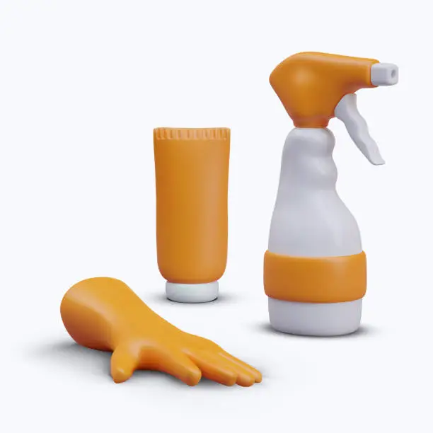 Vector illustration of Collection with cream, spray and gloves in orange colors