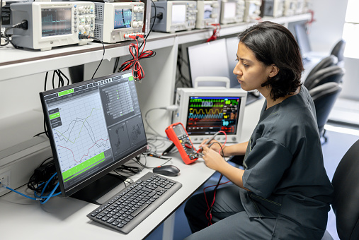 Latin American female technician repairing medical equipment using a multimeter connected to his computer