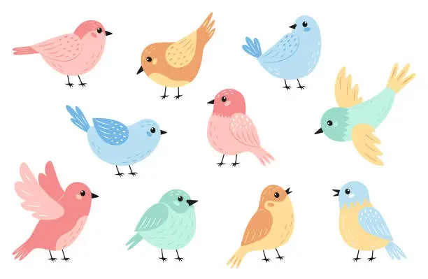 Vector illustration of Set of flying and sitting cute birds in pastel spring colors. Birds or baby animals theme. Vector illustration.