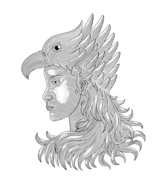Vector illustration of american young girl with eagle mask. Vintage engraving drawing style illustration