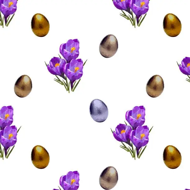 Vector illustration of Seamless pattern colorful low poly style design of blooming violet crocus flower with Easters eggs. Vector