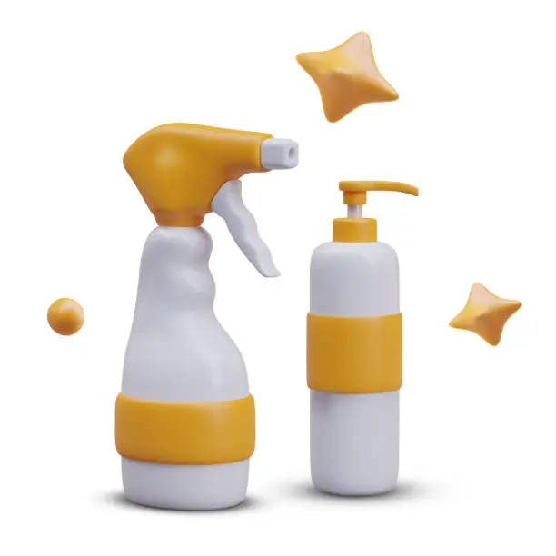 Vector illustration of 3D plastic pump bottle and spray gun for detergents. Packaging for cosmetics, stars and bubbles