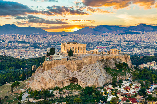 Athens, Greece Drone Skyline Aerial with the Acropolis and Parthenon.